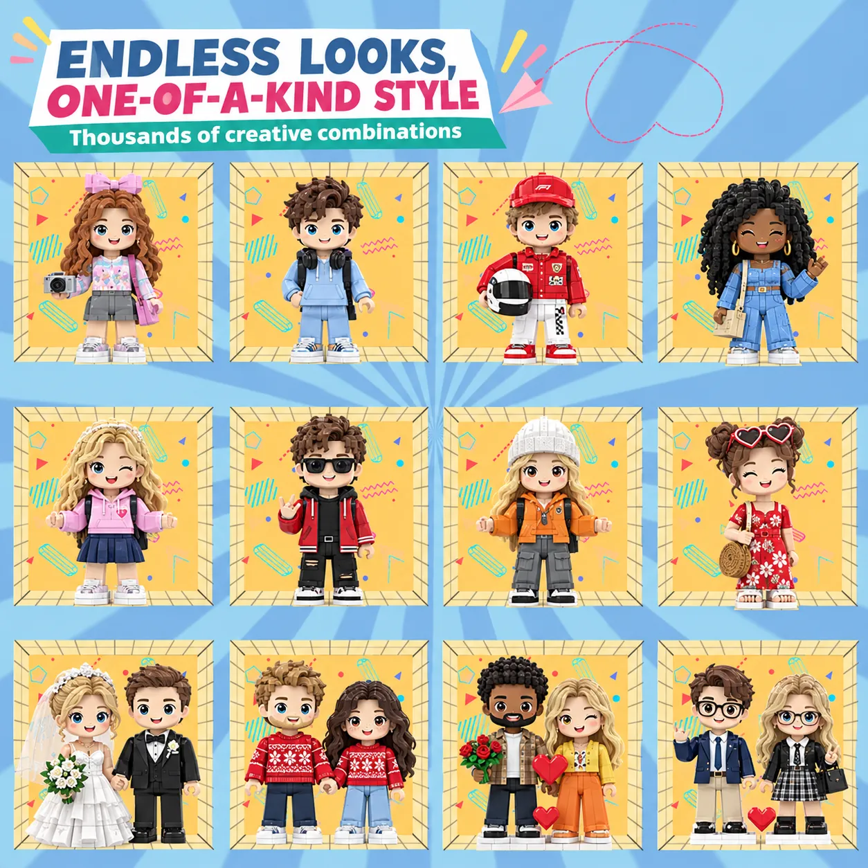 Diverse personalized brick figure styles for different recipients