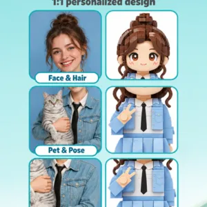 Personalized clothing and hairstyle details on a brick figure