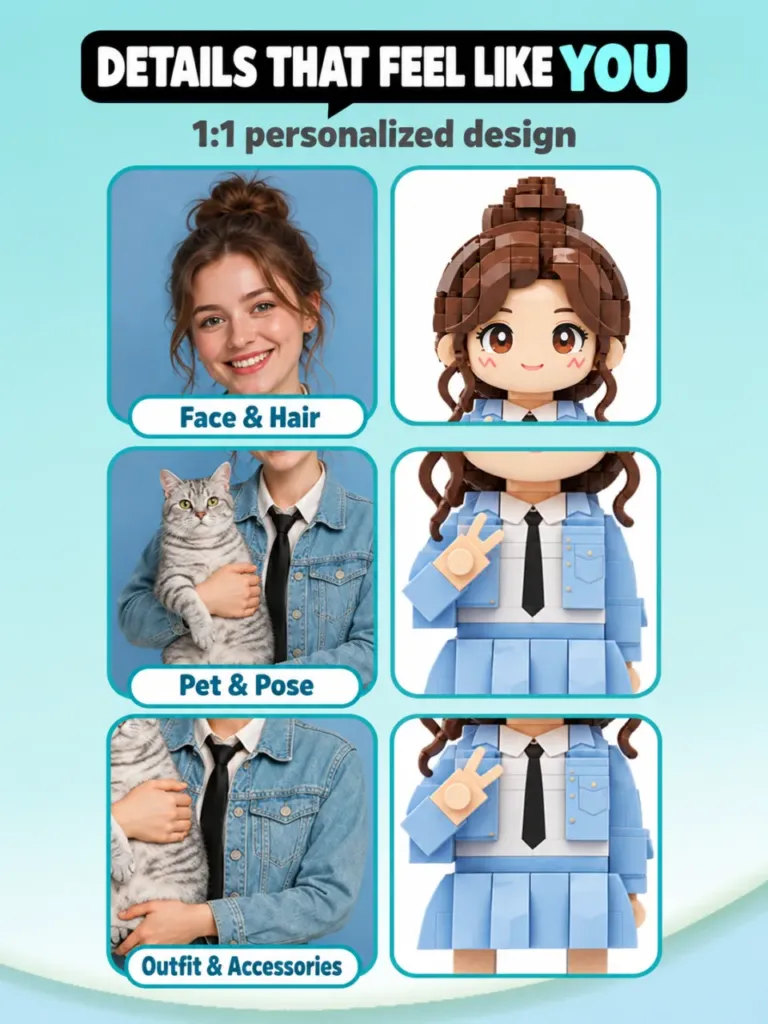 Personalized clothing and hairstyle details on a brick figure