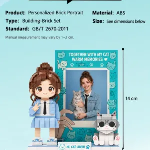 Product details for the personalized brick figure and frame set