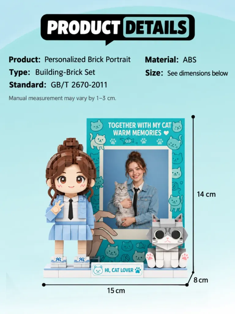 Product details for the personalized brick figure and frame set