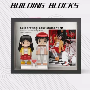 Two people personalized brick figures with a black frame