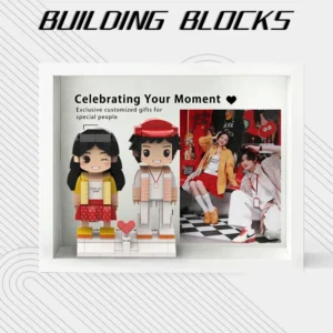 Two people personalized brick figures with a white frame