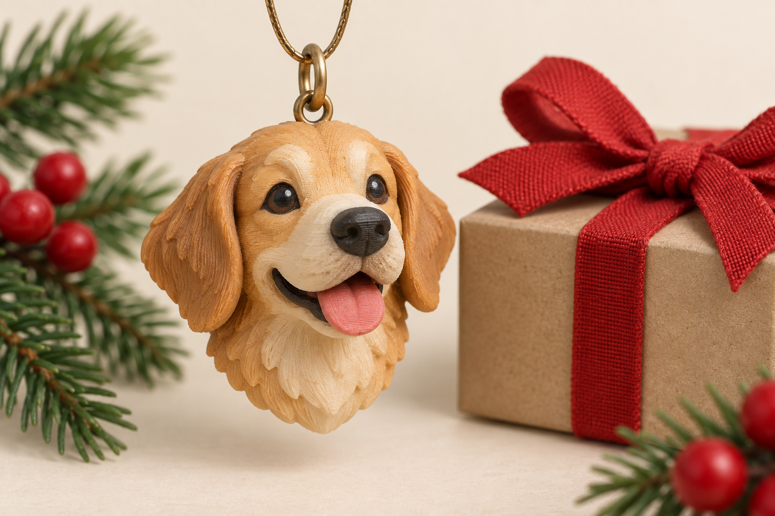 Hand-painted 3D pet portrait pendant shown as a personalized Christmas keepsake