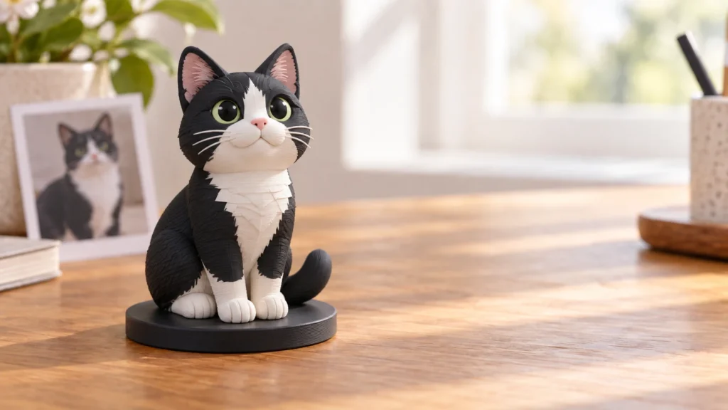 3D-printed tuxedo cat figurine beside its reference photo