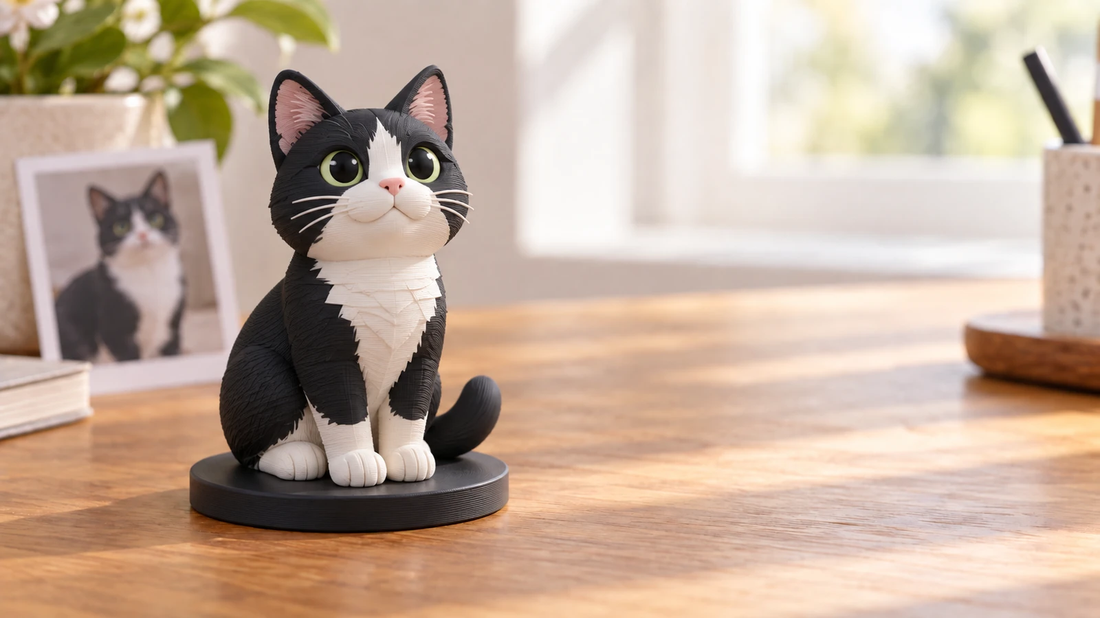 3D-printed tuxedo cat figurine beside its reference photo