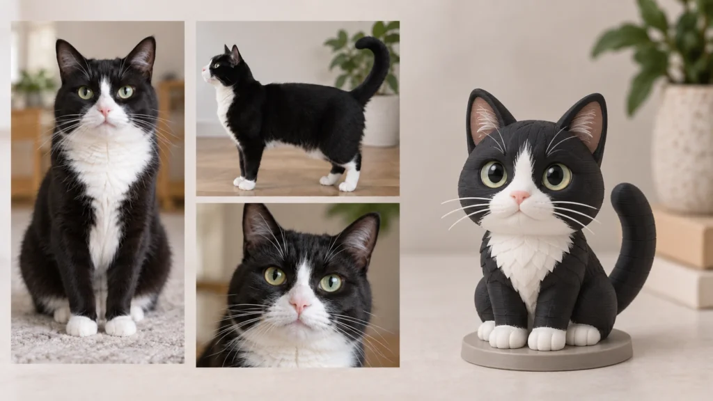 Front, side and face reference photos beside a 3D-printed tuxedo cat figurine