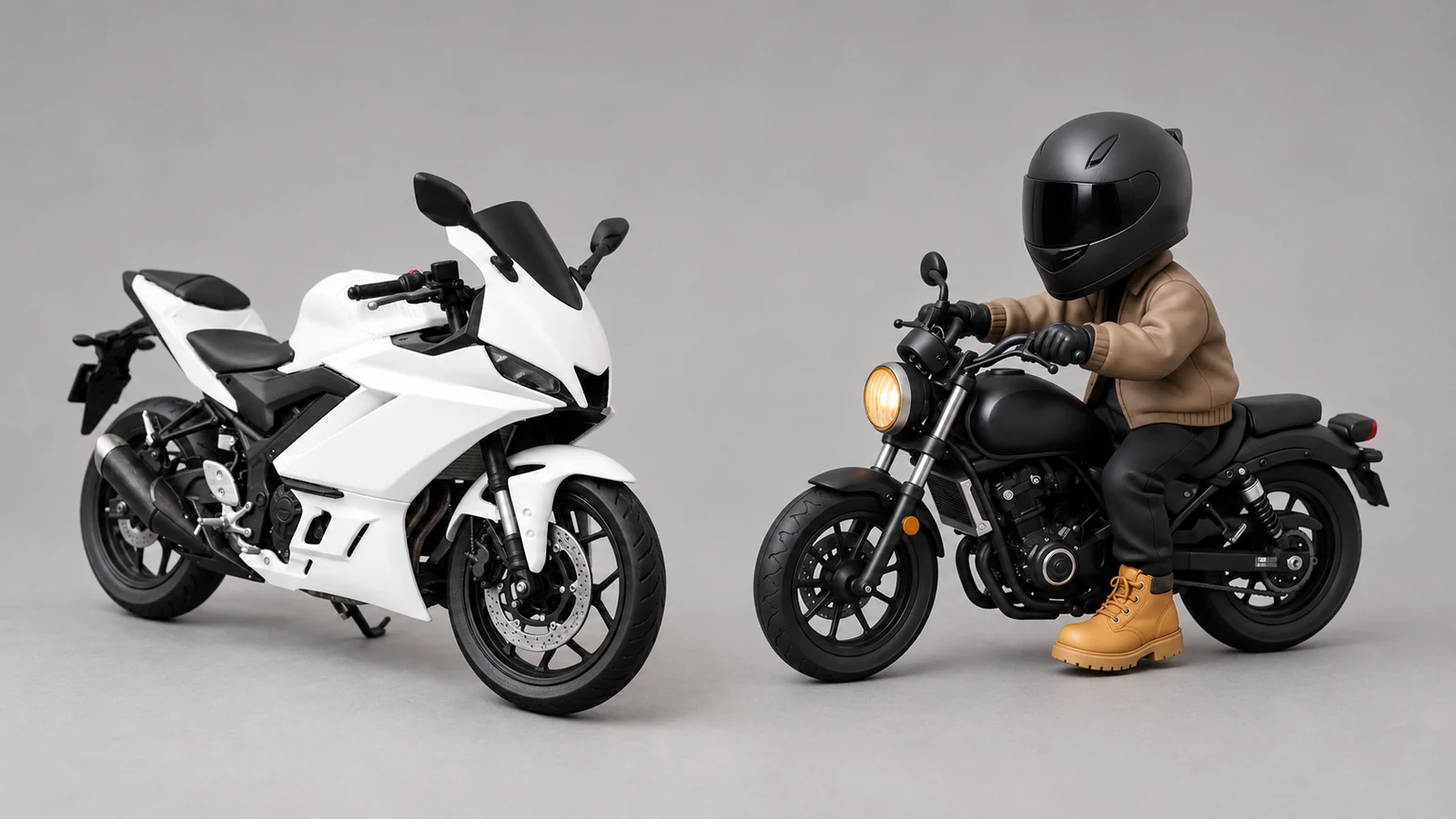 Bike-only and bike-with-rider motorcycle model compositions shown side by side