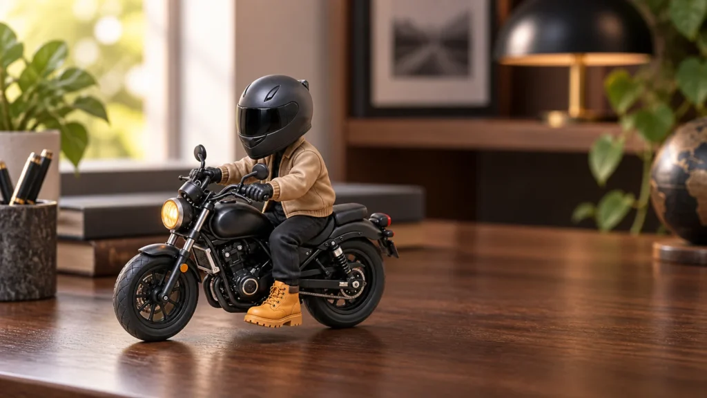 Custom black motorcycle model with a helmeted miniature rider displayed on a desk