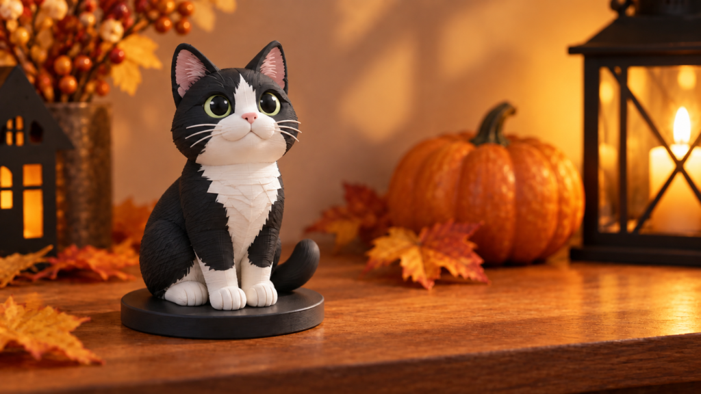 Stylized 3D cat figurine on a fall Halloween display