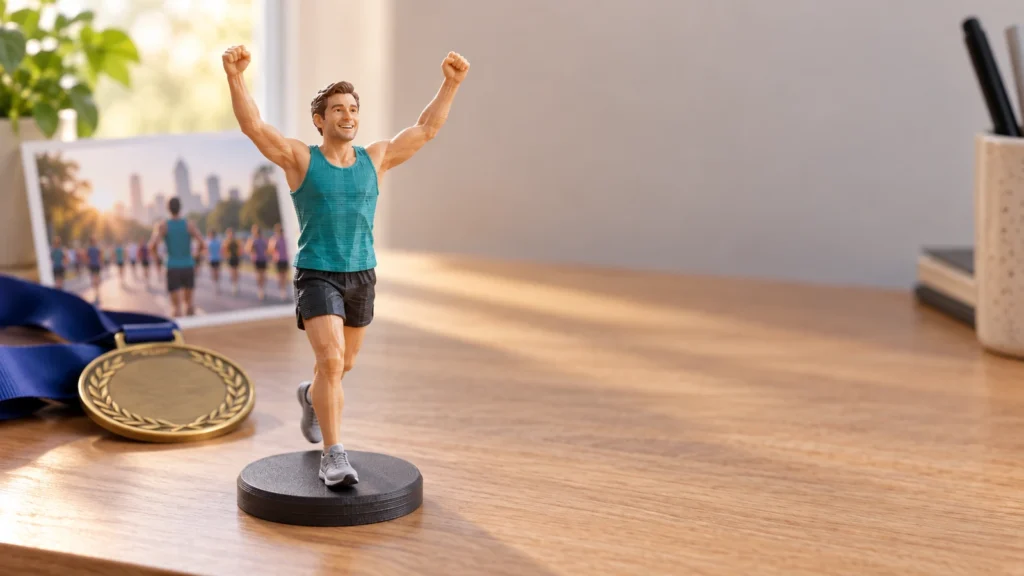 3D-printed marathon runner figurine displayed with a medal and race photo