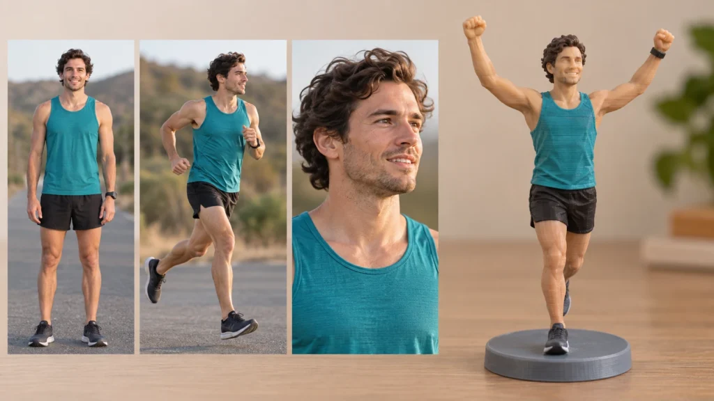 Runner reference photos beside a 3D-printed marathon finisher figurine