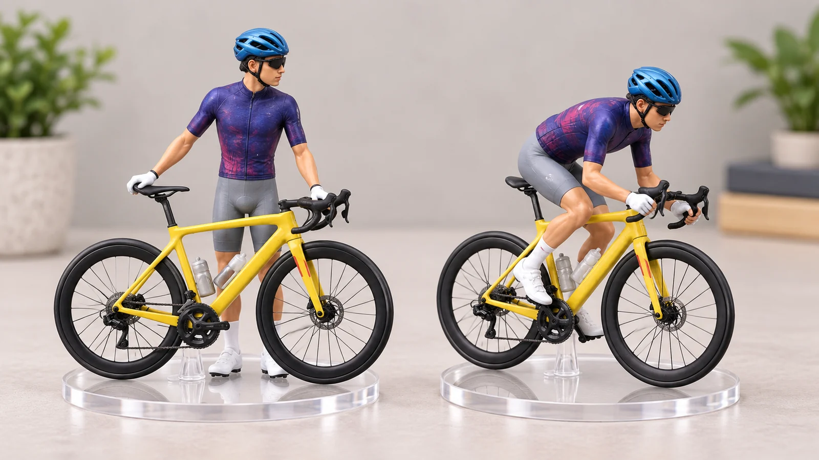 Bike-led and rider-led road bike miniature compositions shown side by side