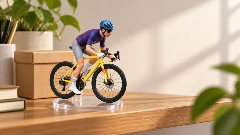 Yellow road bike and miniature cyclist displayed as a personalized gift