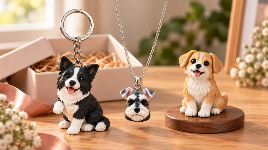 Hand-painted 3D dog figurine keychain, portrait pendant, and display model arranged as personalized keepsakes
