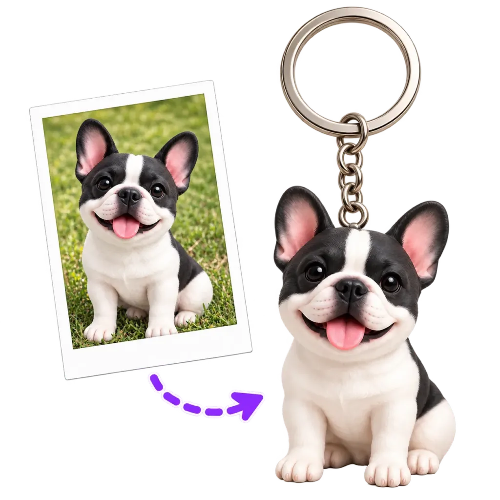 Black-and-white dog photo beside its custom 3D pet keychain