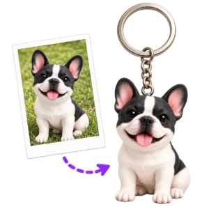 Black-and-white dog photo beside its custom 3D pet keychain