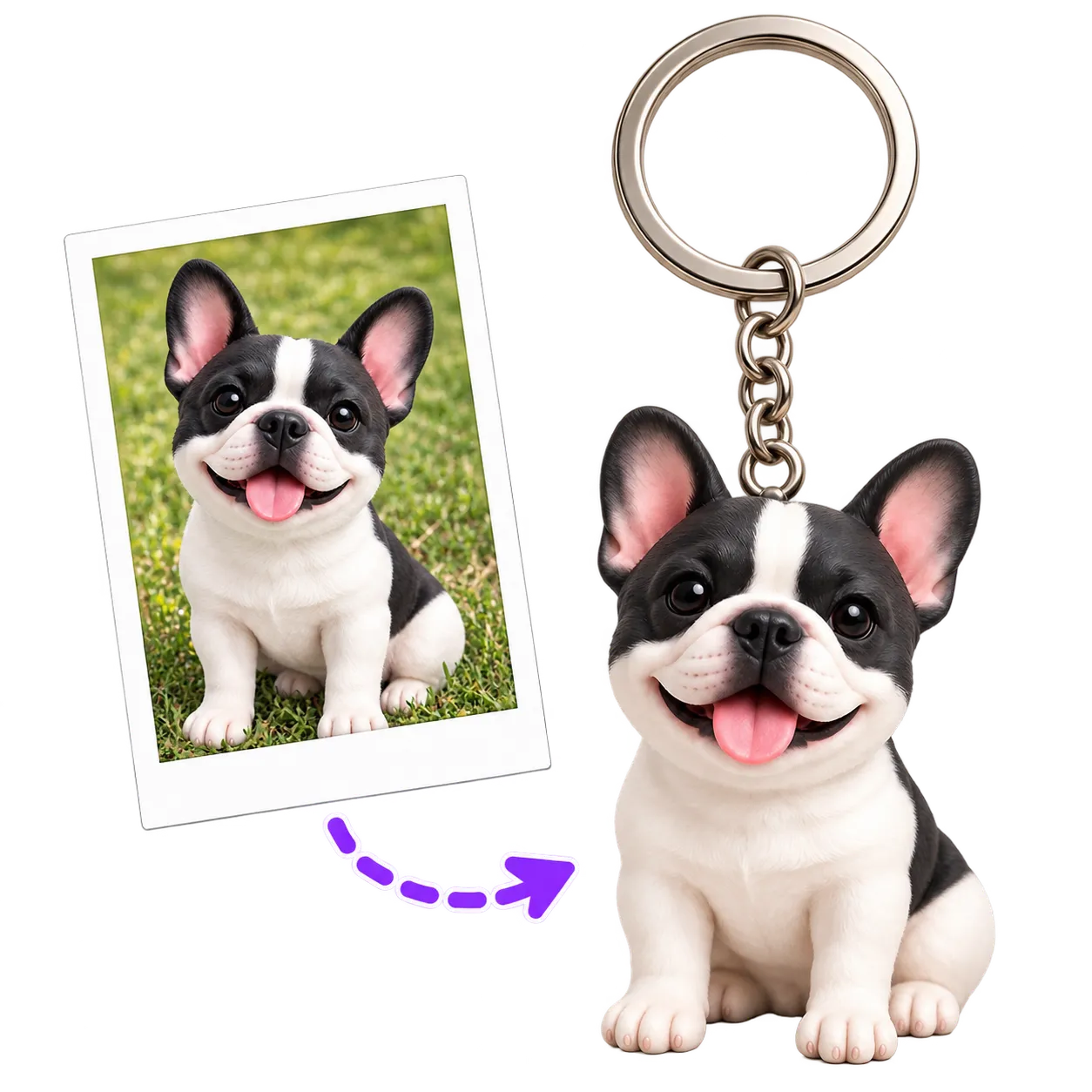 Black-and-white dog photo beside its custom 3D pet keychain