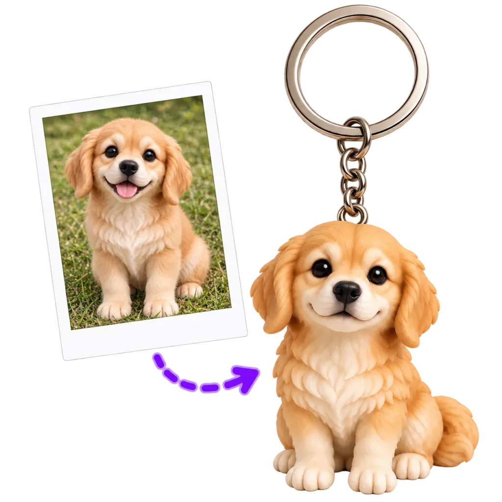 Seated custom pet figurine keychain made from a golden dog photo
