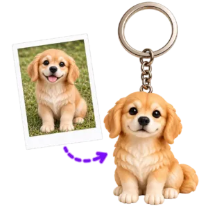 Seated custom pet figurine keychain made from a golden dog photo