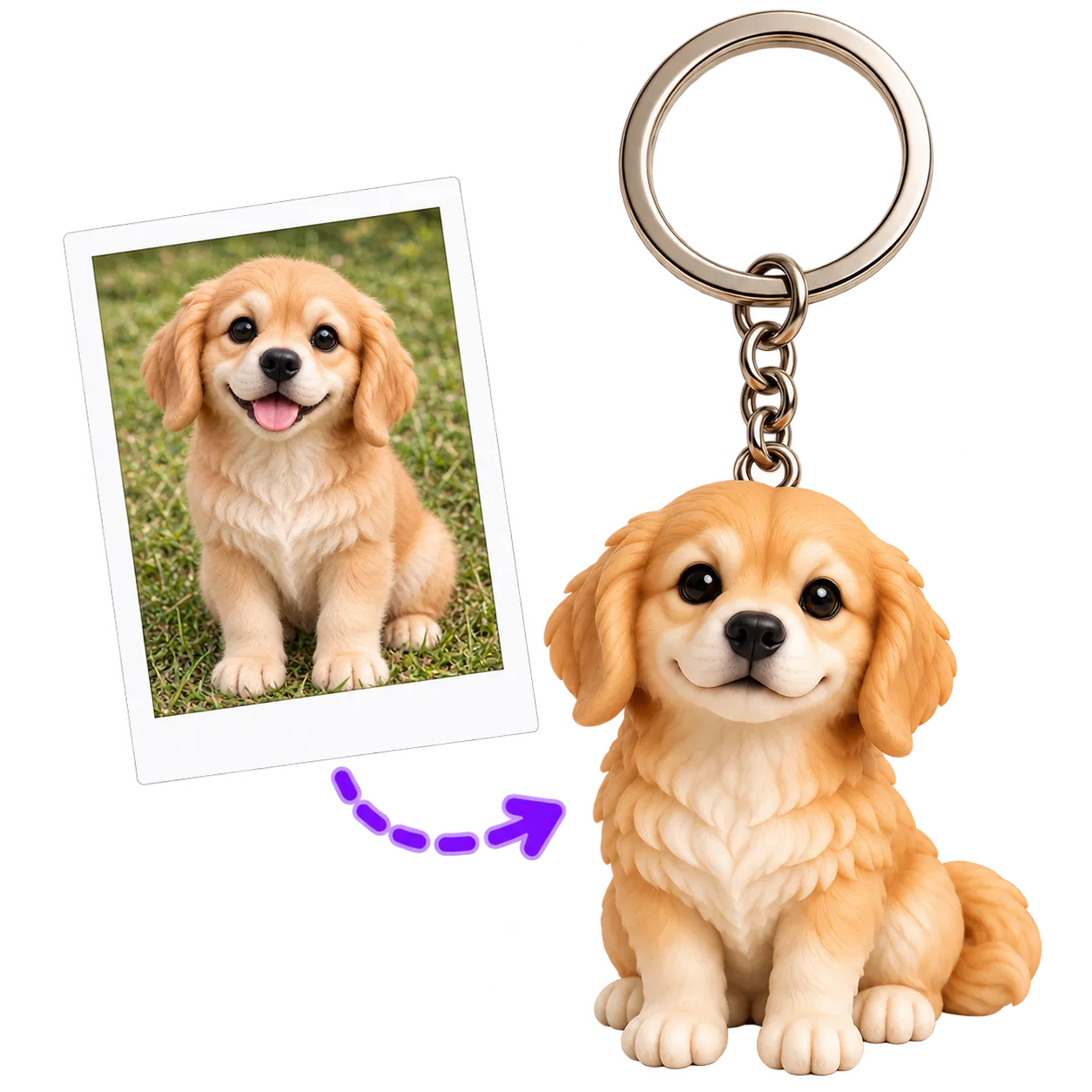 Seated custom pet figurine keychain made from a golden dog photo