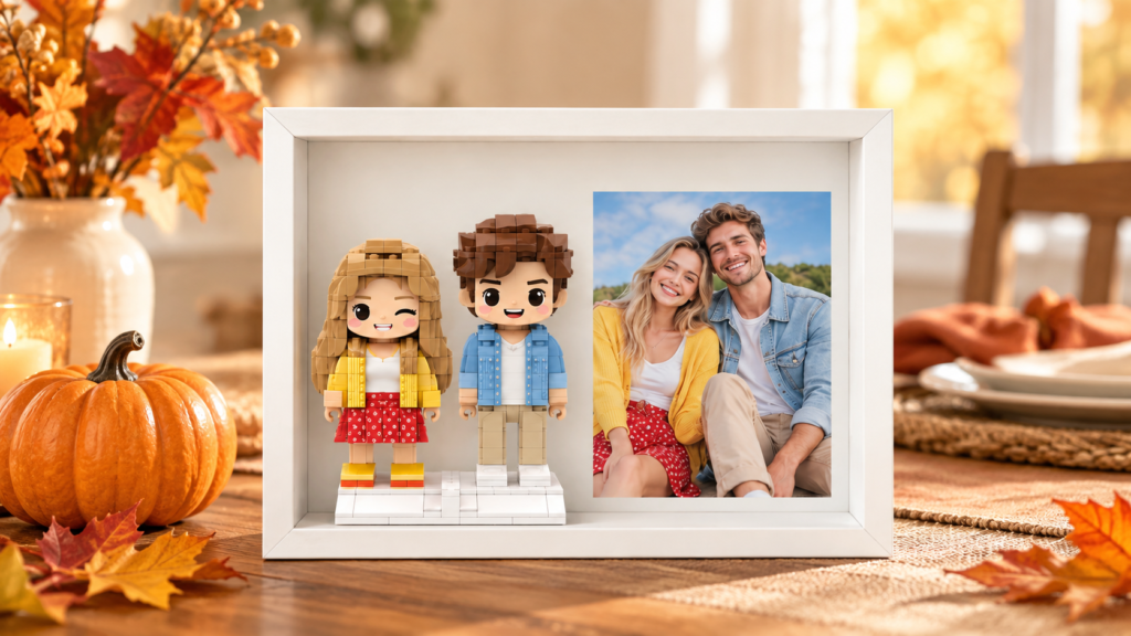 Toy-brick couple figures beside a real portrait photo in a fall Thanksgiving setting