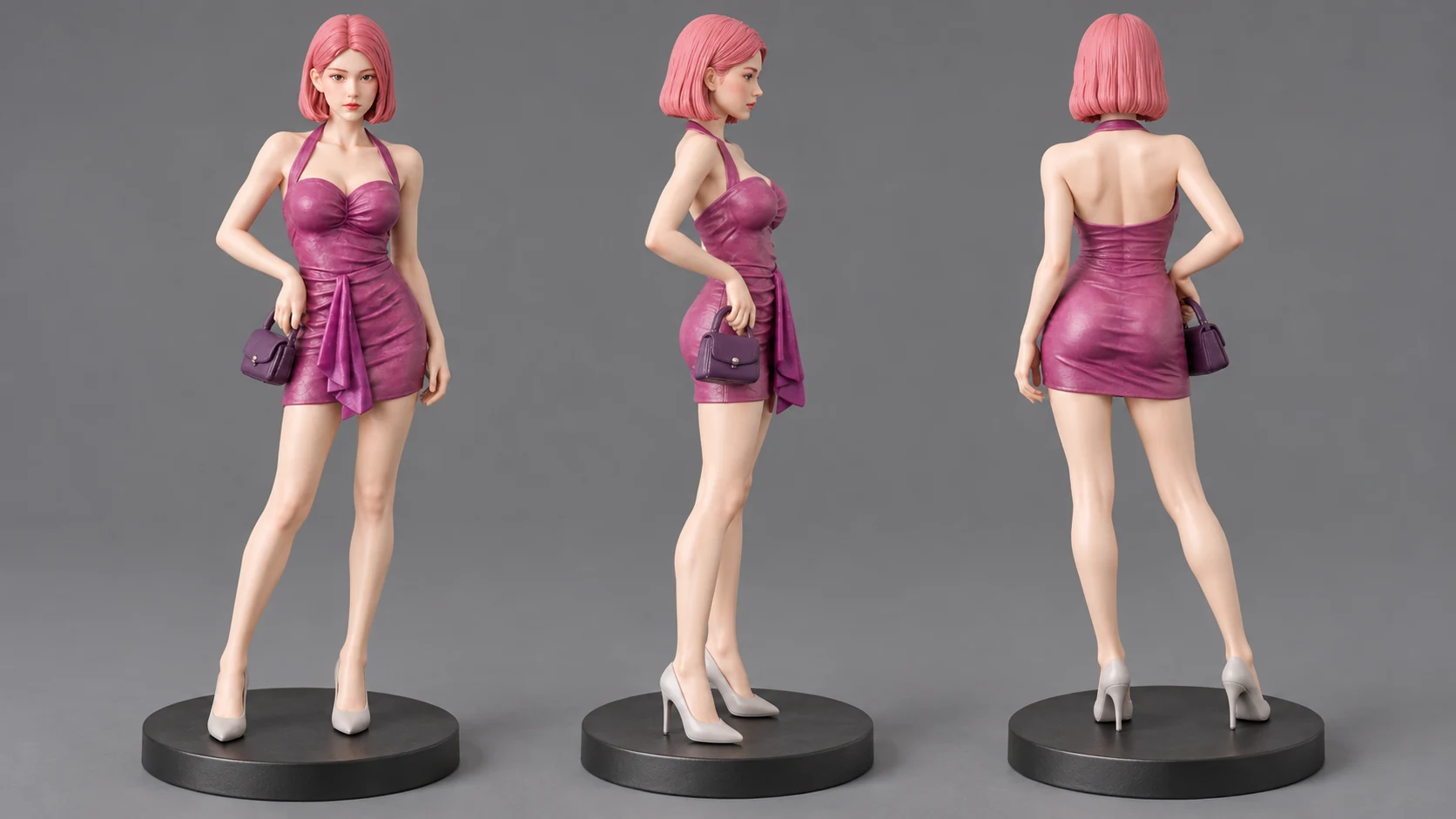 Front, profile, and back digital views of the same pink-haired woman wearing a purple dress.