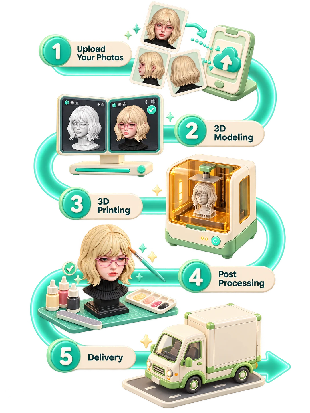 Five Figmo steps: upload your photo, 3D modeling, 3D printing, post processing, and delivery.