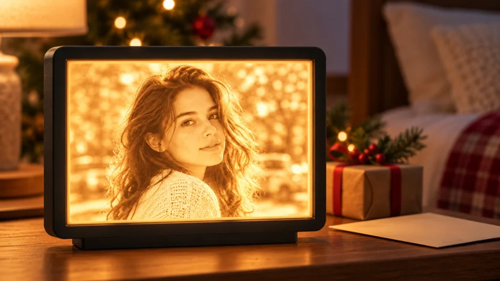 A black-framed photo lithophane light with a warm-toned portrait stands on a bedside table beside a wrapped Christmas gift and an envelope.