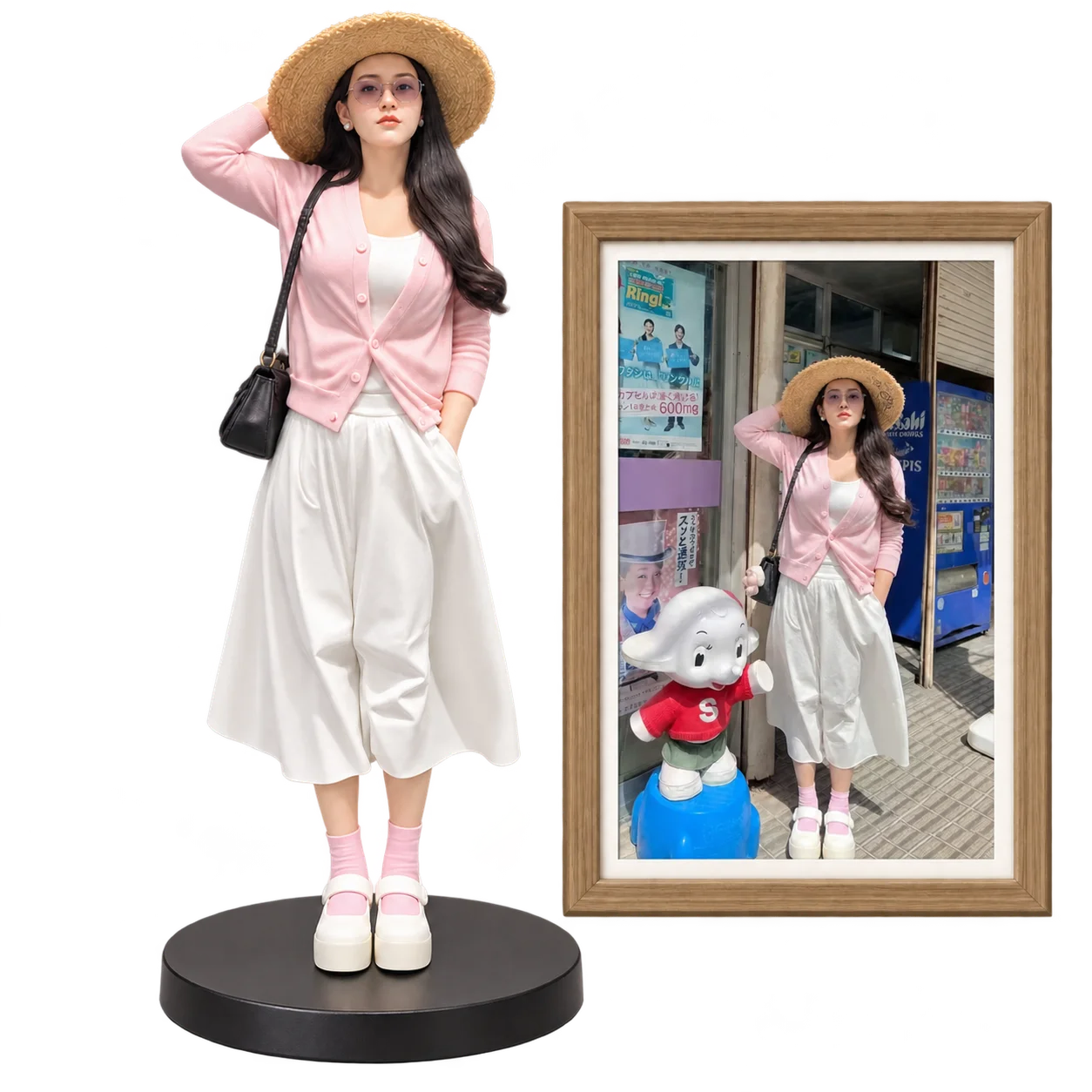 Custom realistic figurine from photo with framed reference image