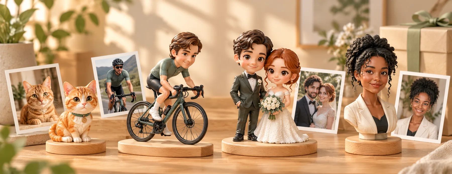 Photo references alongside custom pet, cyclist, wedding and portrait figurines