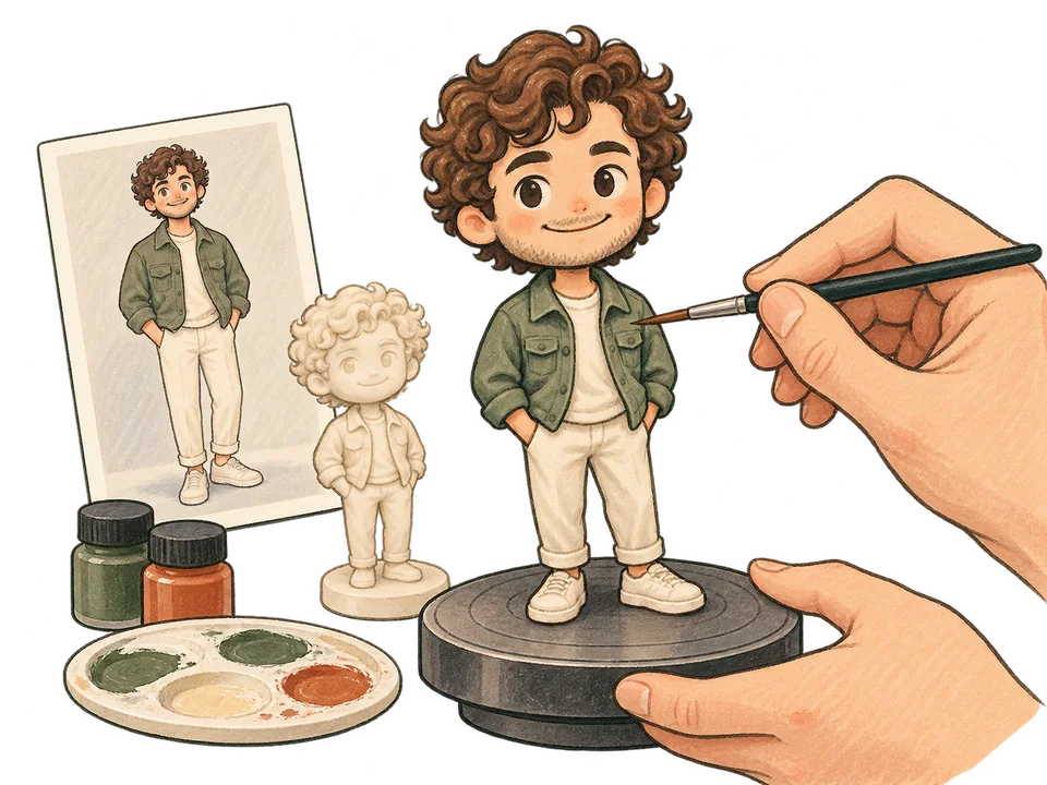 Hand-drawn illustration of a custom figurine being hand-painted from a photo reference