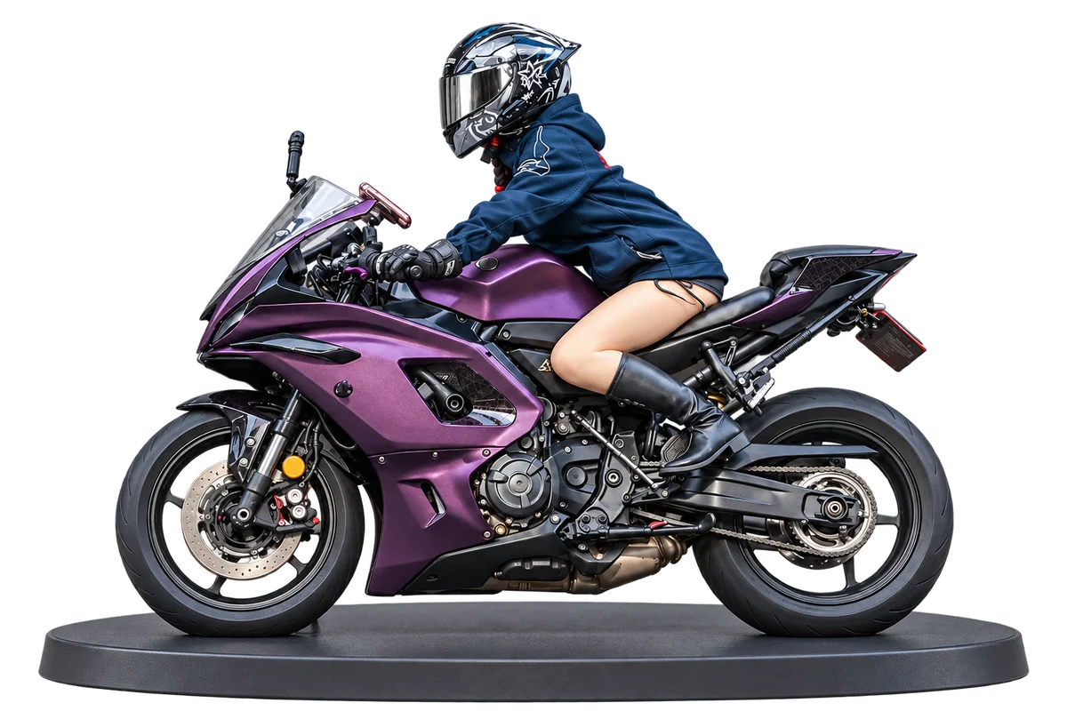 Purple sport motorcycle miniature with a helmeted rider in a navy hoodie