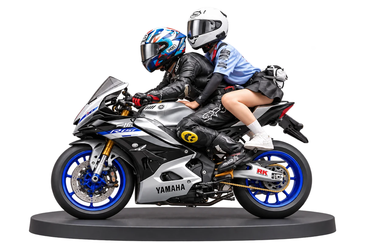 Silver and blue sport motorcycle miniature with a rider and passenger on an oval display base