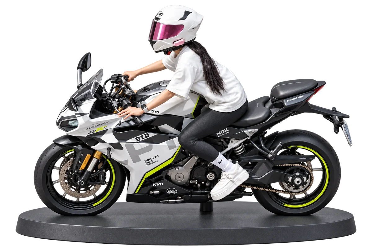 Custom white and grey motorcycle miniature with a white-helmeted rider and green wheel accents