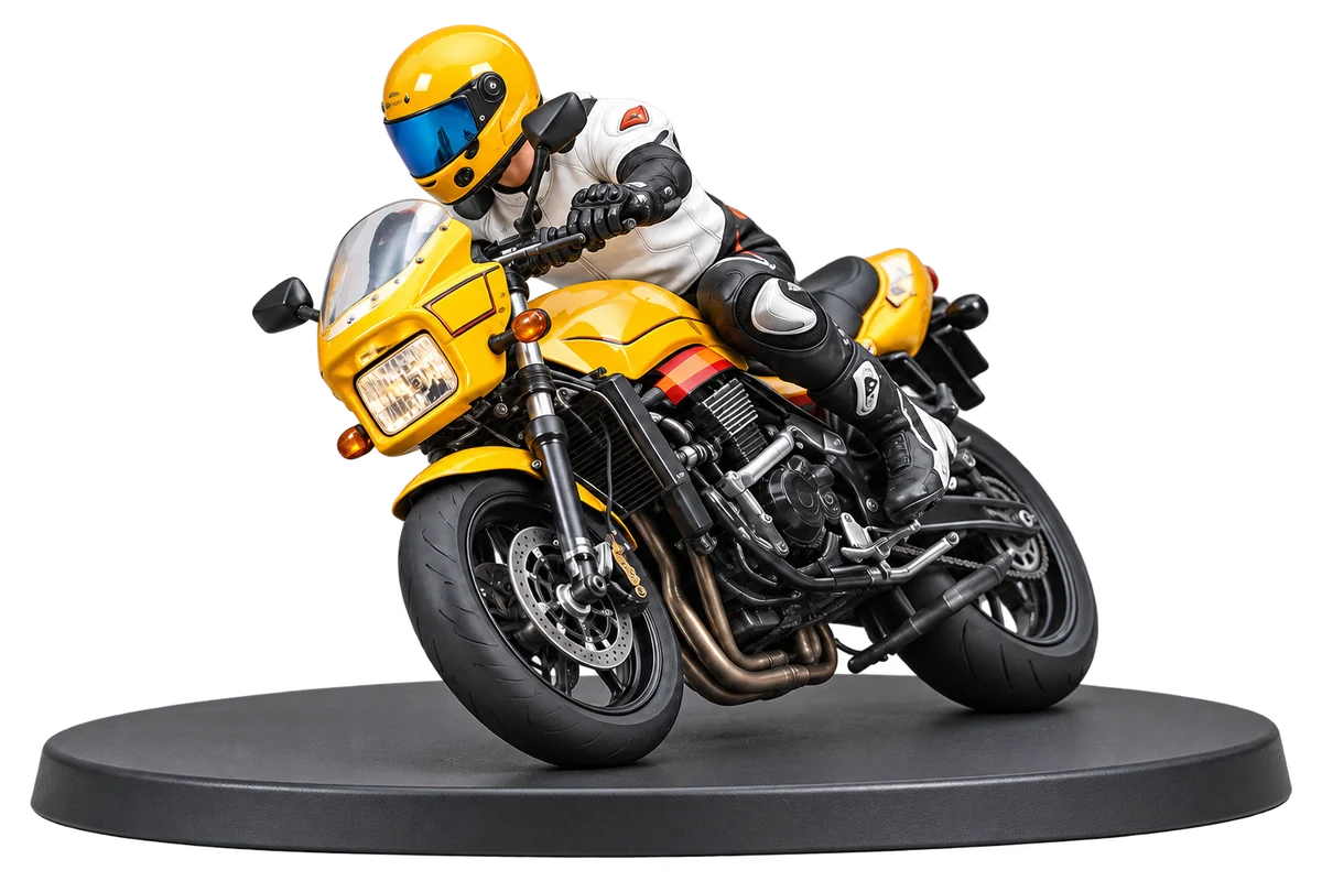 Yellow motorcycle miniature with a yellow-helmeted rider in a leaning pose