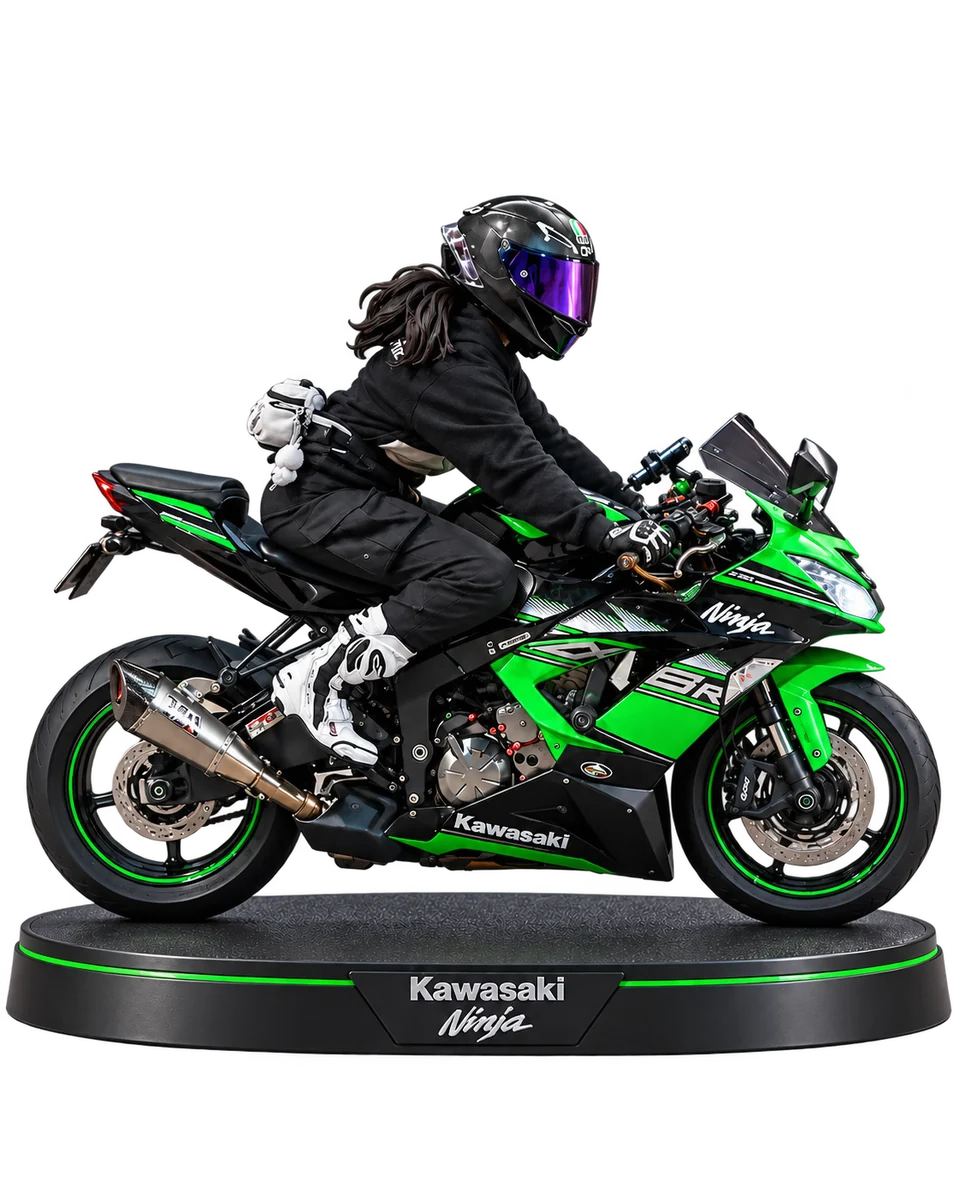 Green and black sport motorcycle miniature with a helmeted rider and black display base