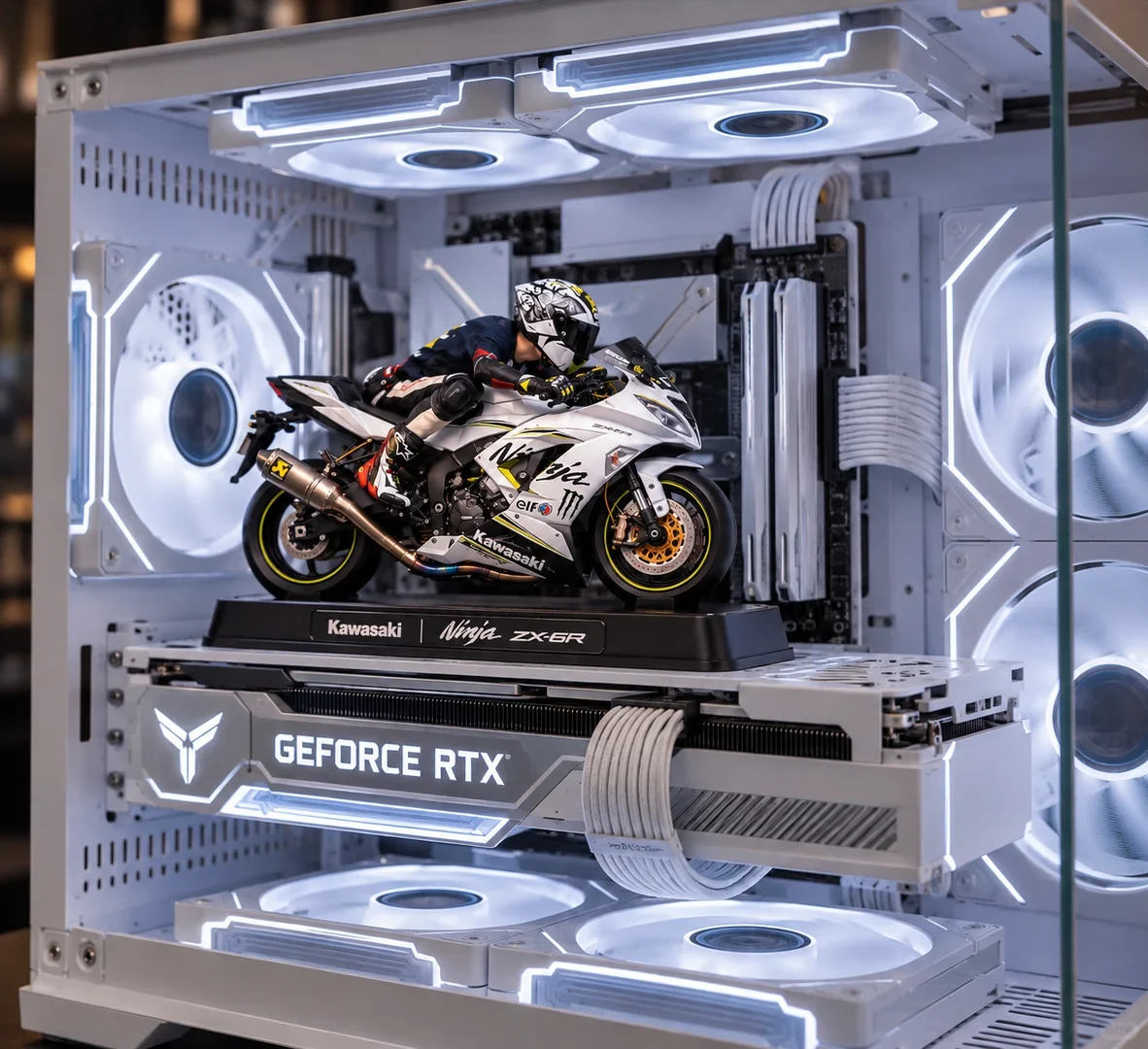 White motorcycle and rider miniature displayed inside a white gaming PC with white lighting