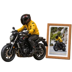 AI-generated illustration of a yellow-jacket motorcycle rider figurine beside a framed reference recreation