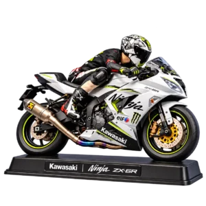 White Ninja ZX-6R-inspired motorcycle miniature with a crouching rider on a black display plinth