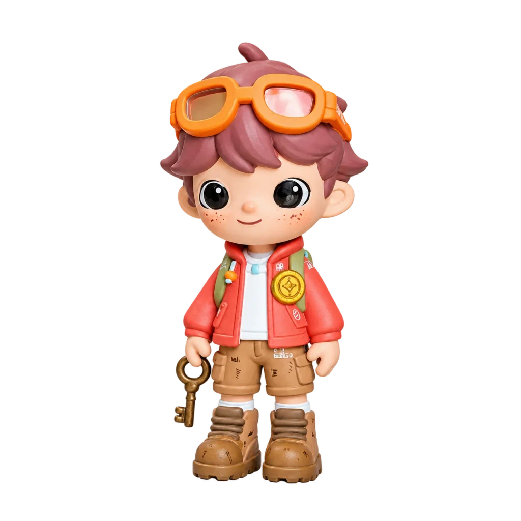 Custom cartoon character figurine with orange goggles, red jacket and a key