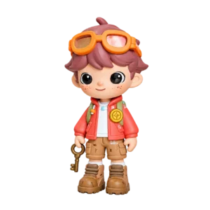 Custom cartoon character figurine with orange goggles, red jacket and a key