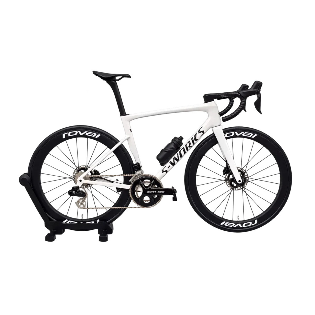 Specialized Tarmac SL8 – Gloss White miniature road bike model with rear-wheel display stand