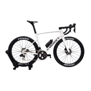 Specialized Tarmac SL8 – Gloss White miniature road bike model with rear-wheel display stand