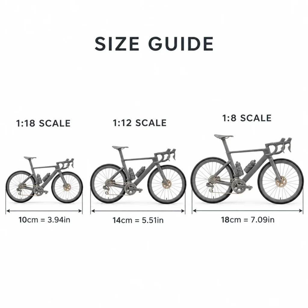 Road bike model size guide: 1:18 scale, 10cm = 3.94in; 1:12 scale, 14cm = 5.51in; 1:8 scale, 18cm = 7.09in.