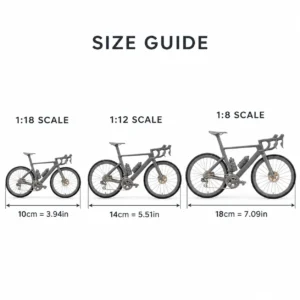 Road bike model size guide: 1:18 scale, 10cm = 3.94in; 1:12 scale, 14cm = 5.51in; 1:8 scale, 18cm = 7.09in.