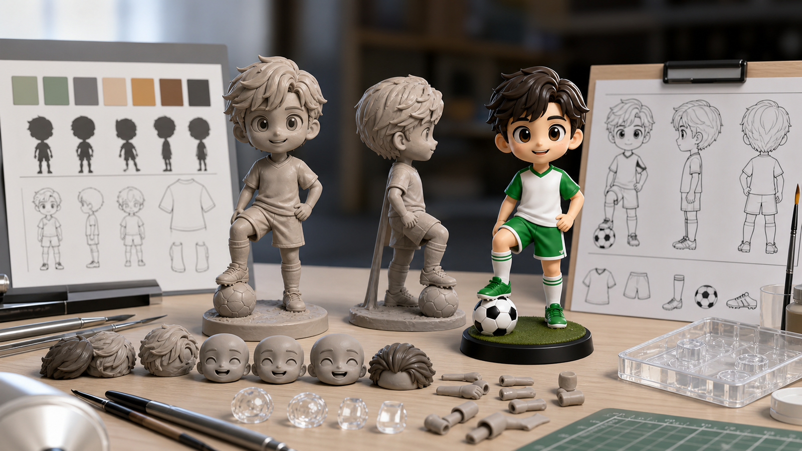 Custom sports figurine design process with reference views and finished resin figure
