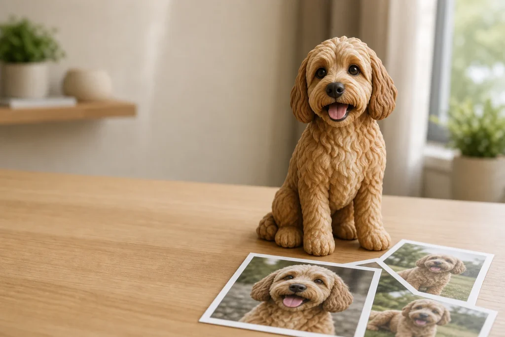 Custom 3D printed dog figurine beside dog photo references on a desk