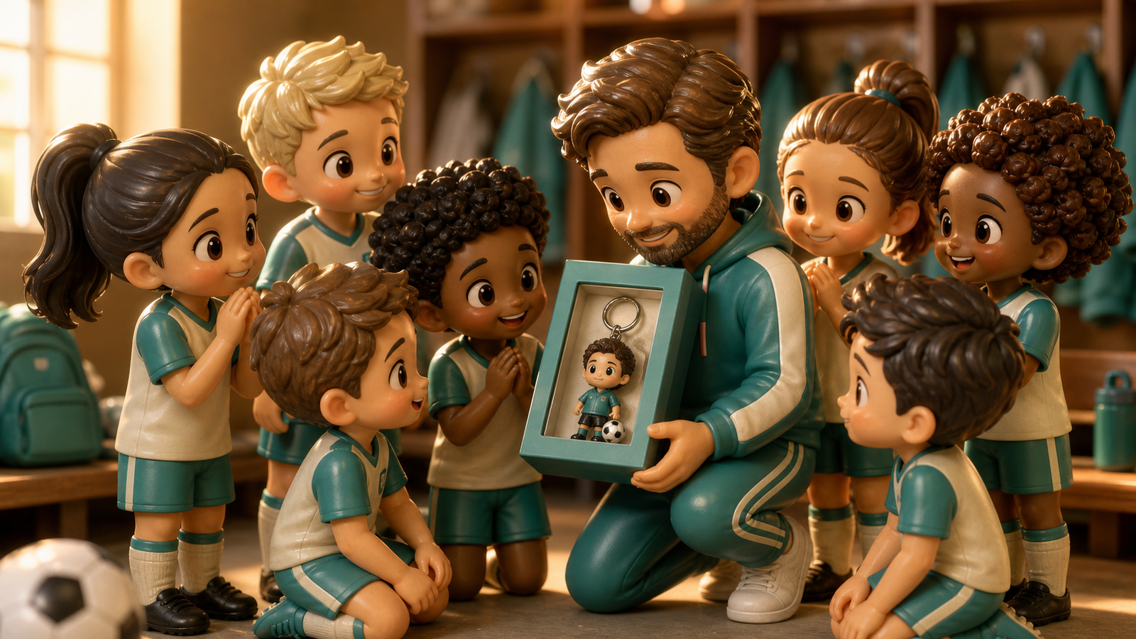 Football coach gifts presented by a generic chibi soccer team after the season